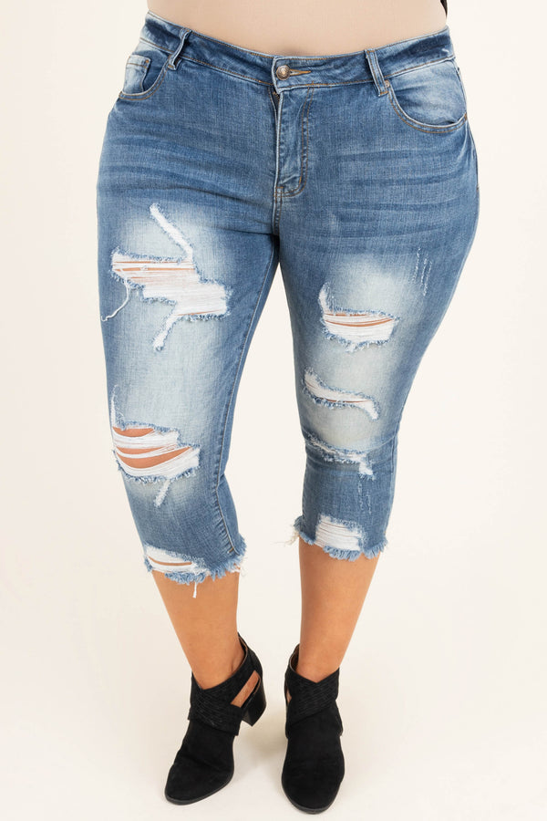Chic Soul plus size clothing, medium wash distressed capri jeans