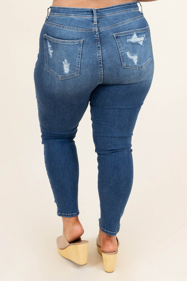 Chic Soul plus size clothing, dark wash distressed ends denim skinny jeans