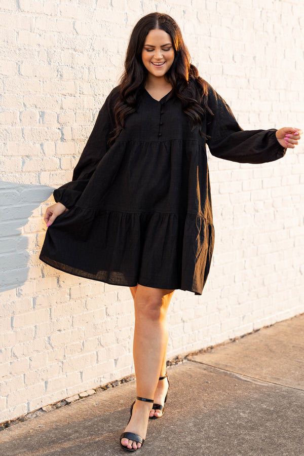 Chic Soul plus size clothing, black long sleeve baby doll dress