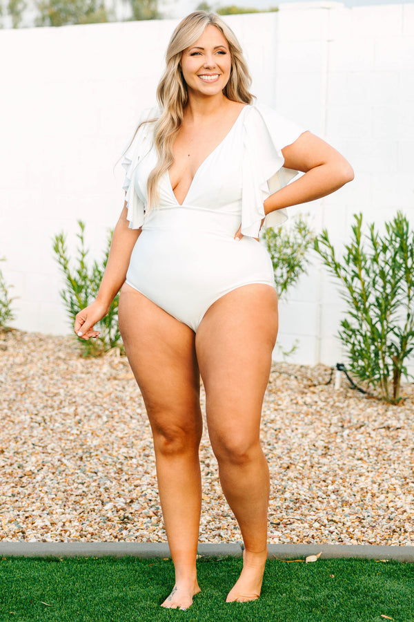 Chic Soul plus size clothing, white one piece swimsuit with a deep v neck and flutter sleeves