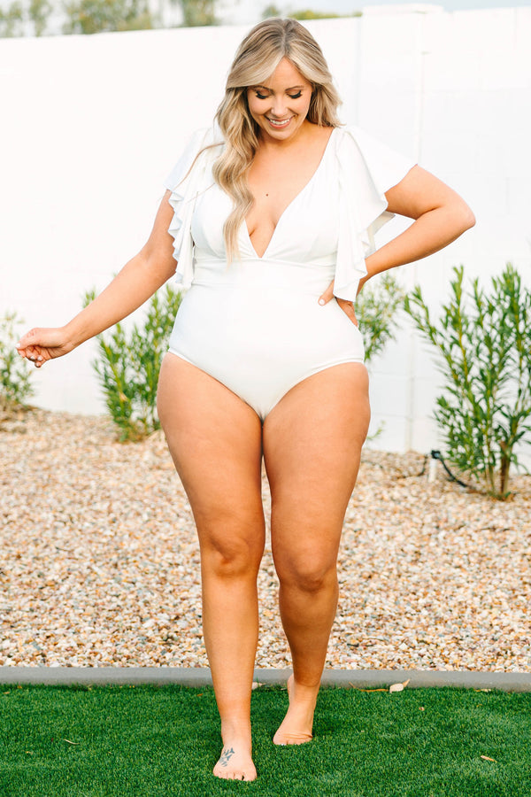 Chic Soul plus size clothing, white one piece swimsuit with a deep v neck and flutter sleeves
