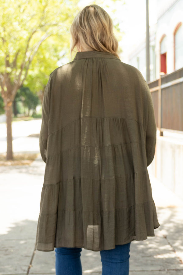 Chic Soul plus size clothing, olive brown solid three quarter length sleeve button down detailing tunic top