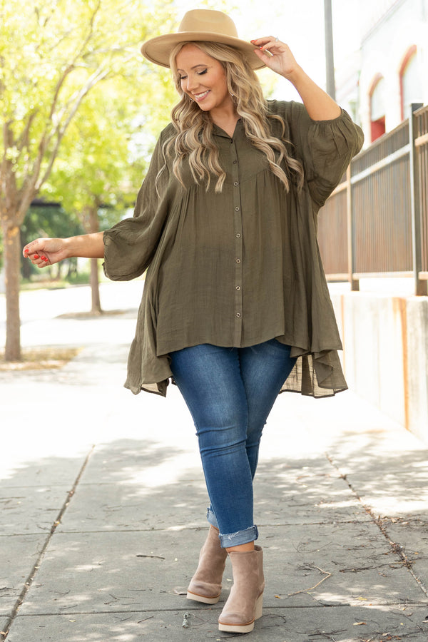 Chic Soul plus size clothing, olive brown solid three quarter length sleeve button down detailing tunic top