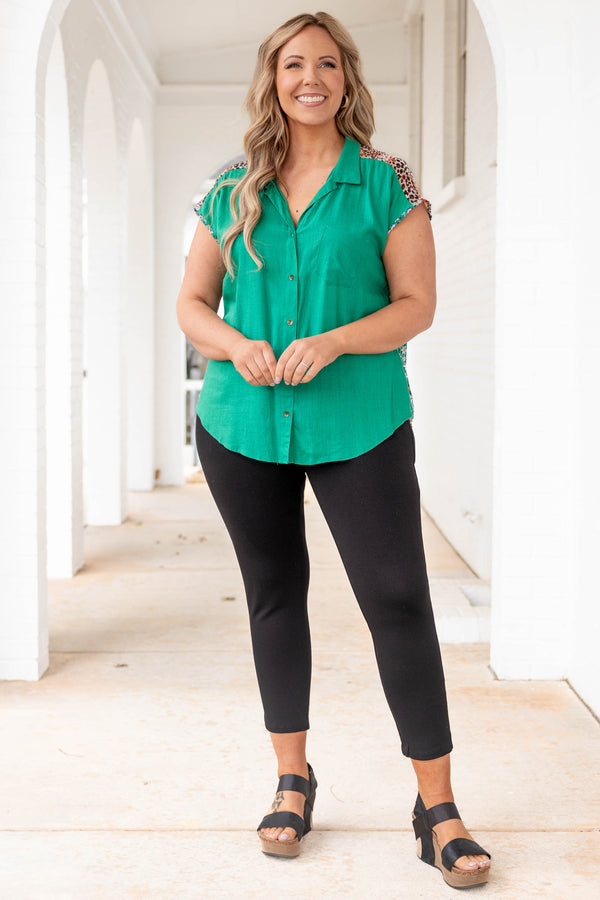 Chic Soul plus size clothing, jade green button down collared top with multicolor pattern on the back