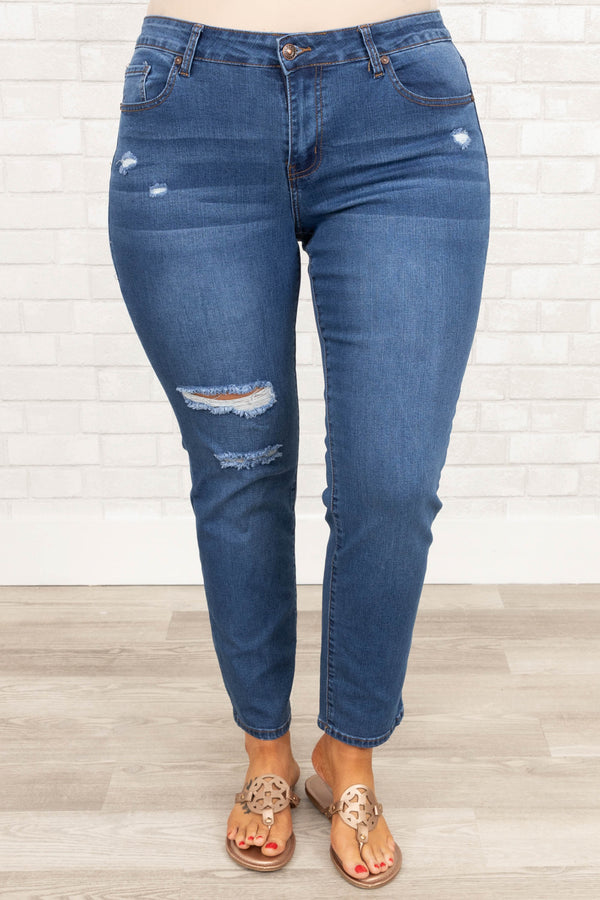 Chic Soul plus size clothing, medium wash slightly distressed jeggings