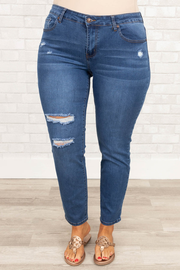 Chic Soul plus size clothing, medium wash slightly distressed jeggings