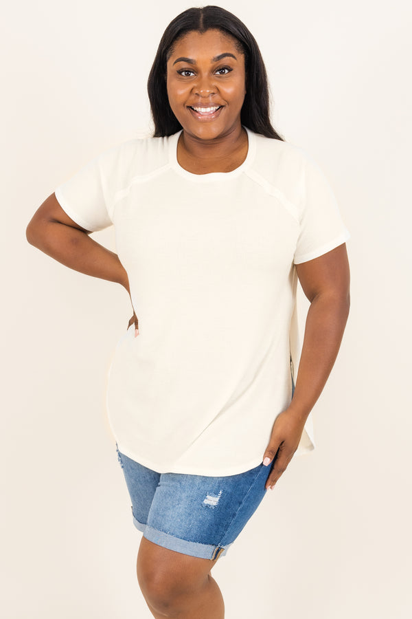 Chic Soul plus size clothing, ivory textured top with curved hemline