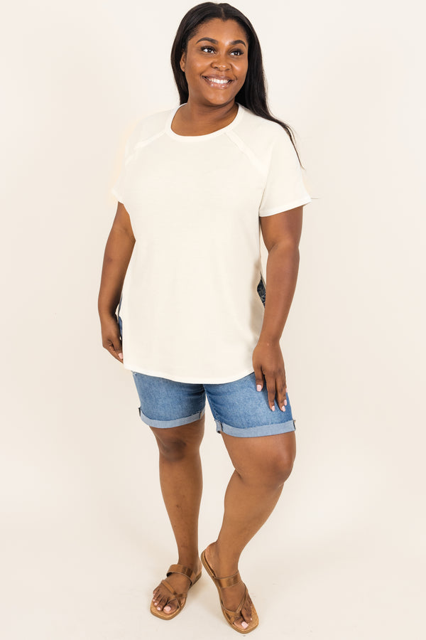Chic Soul plus size clothing, ivory textured top with curved hemline