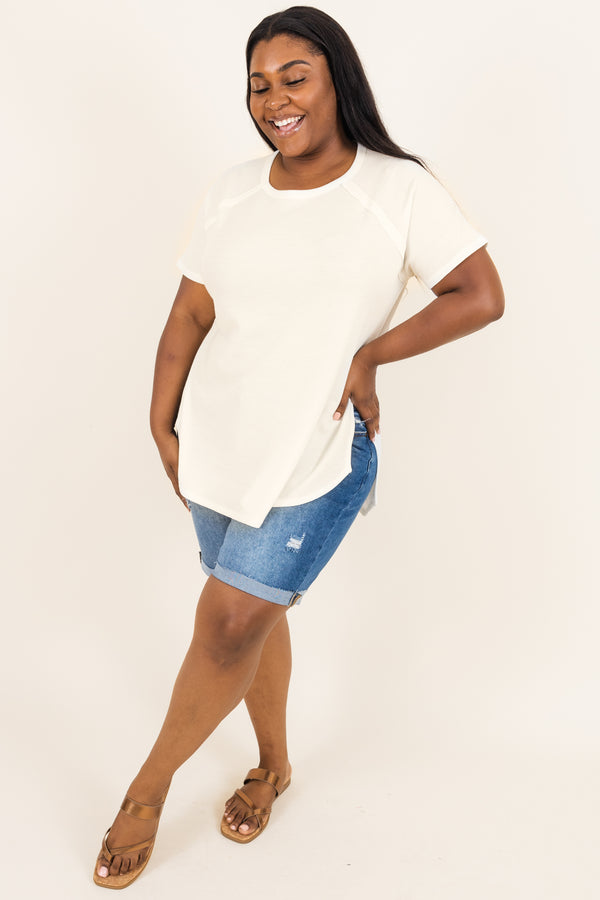 Chic Soul plus size clothing, ivory textured top with curved hemline