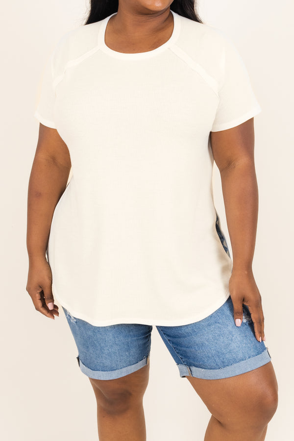 Chic Soul plus size clothing, ivory textured top with curved hemline