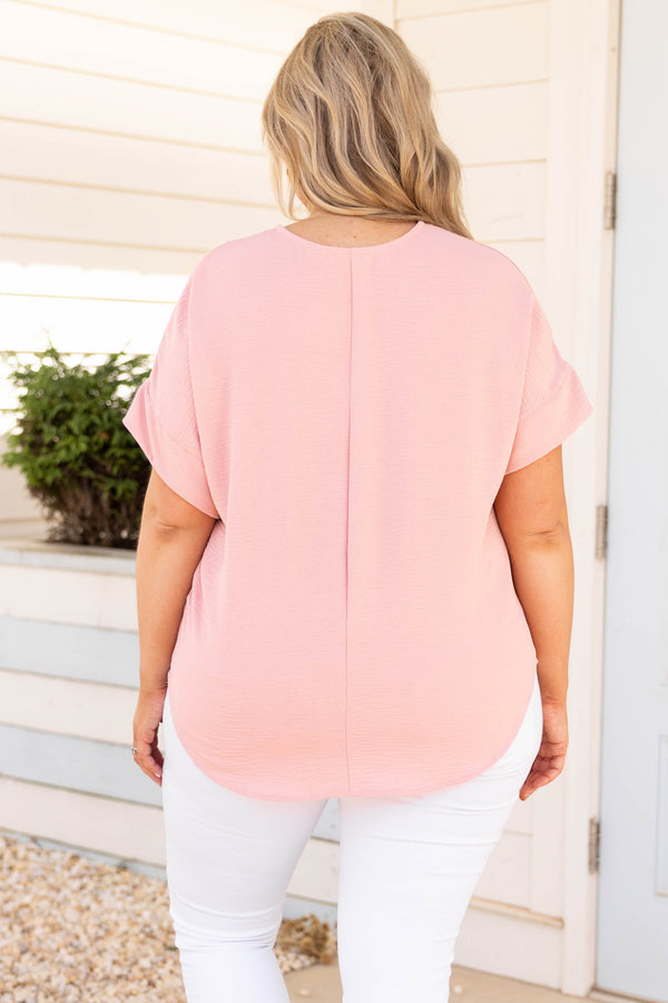 Chic Soul plus size clothing, pink solid short sleeve casual top