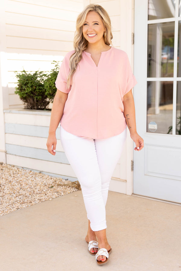 Chic Soul plus size clothing, pink solid short sleeve casual top