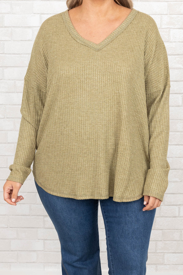 Chic Soul plus size clothing, green v neck long sleeve top
