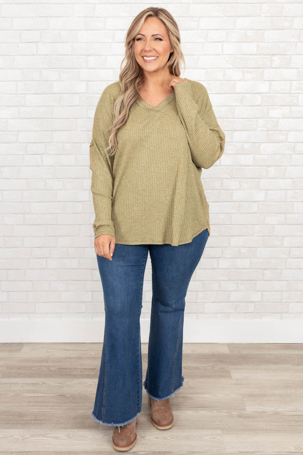 Chic Soul plus size clothing, green v neck long sleeve top