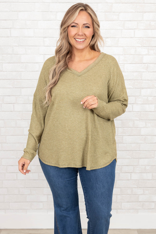 Chic Soul plus size clothing, green v neck long sleeve top