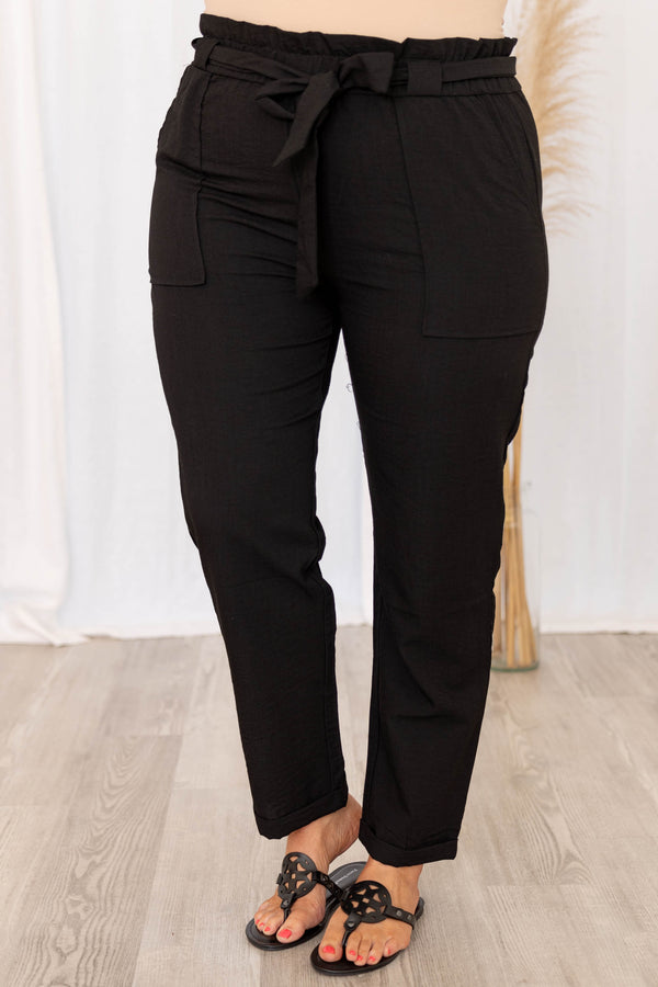 Chic Soul plus size clothing, solid black ruffle waist ankle length straight cut pants