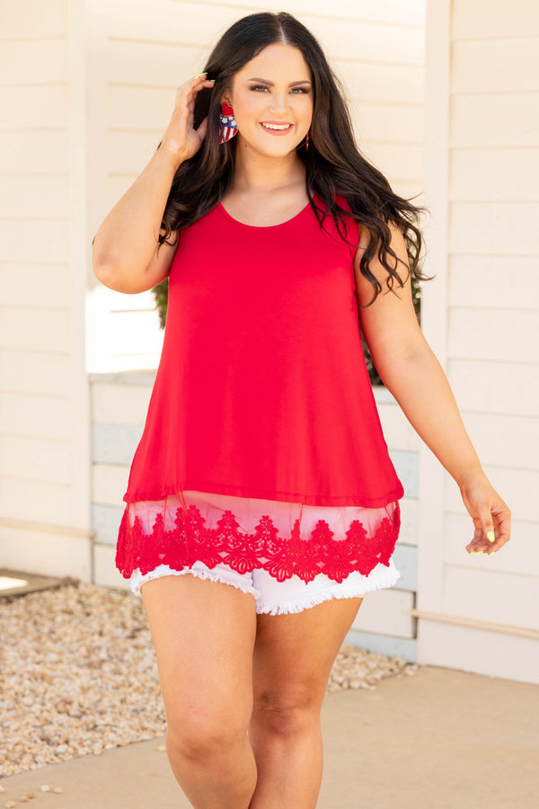 Chic Soul plus size clothing, red tank top with lace trim on the bottom 