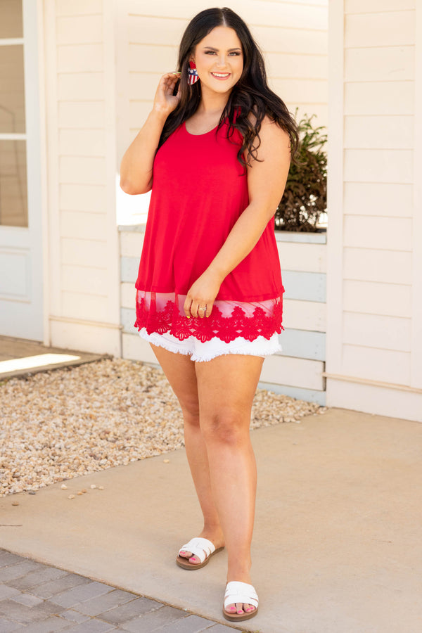 Chic Soul plus size clothing, red tank top with lace trim on the bottom