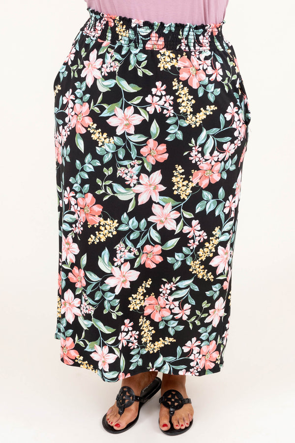 Chic Soul plus size clothing, black floral maxi skirt