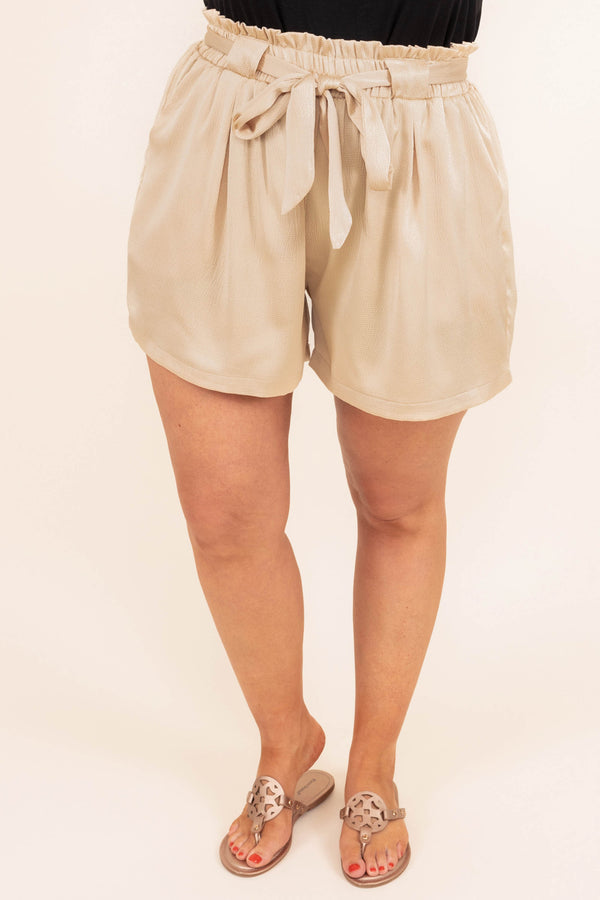 Chic Soul plus size clothing, beige paperbag style shorts with tie string