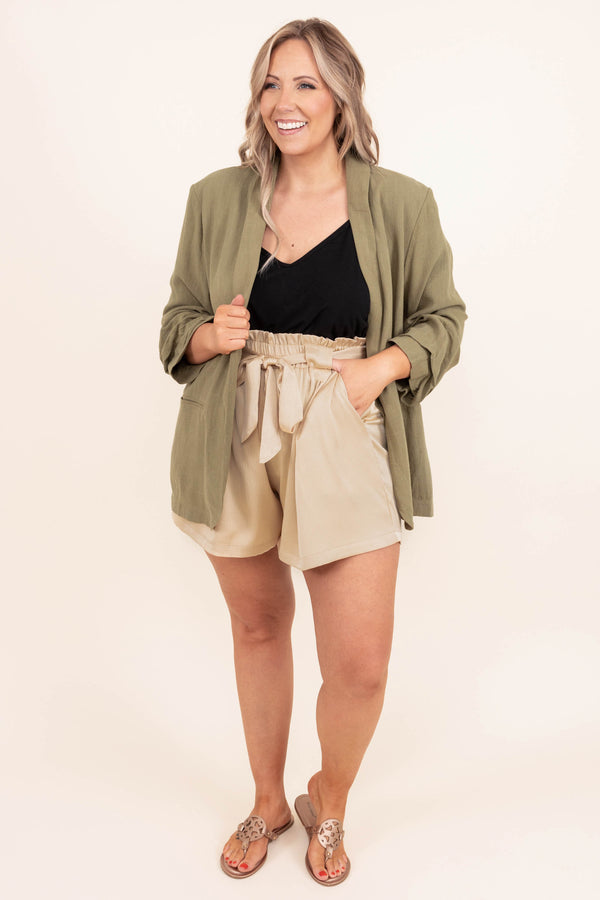 Chic Soul plus size clothing, beige paperbag style shorts with tie string