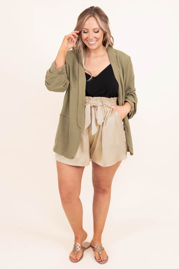 Chic Soul plus size clothing, beige paperbag style shorts with tie string
