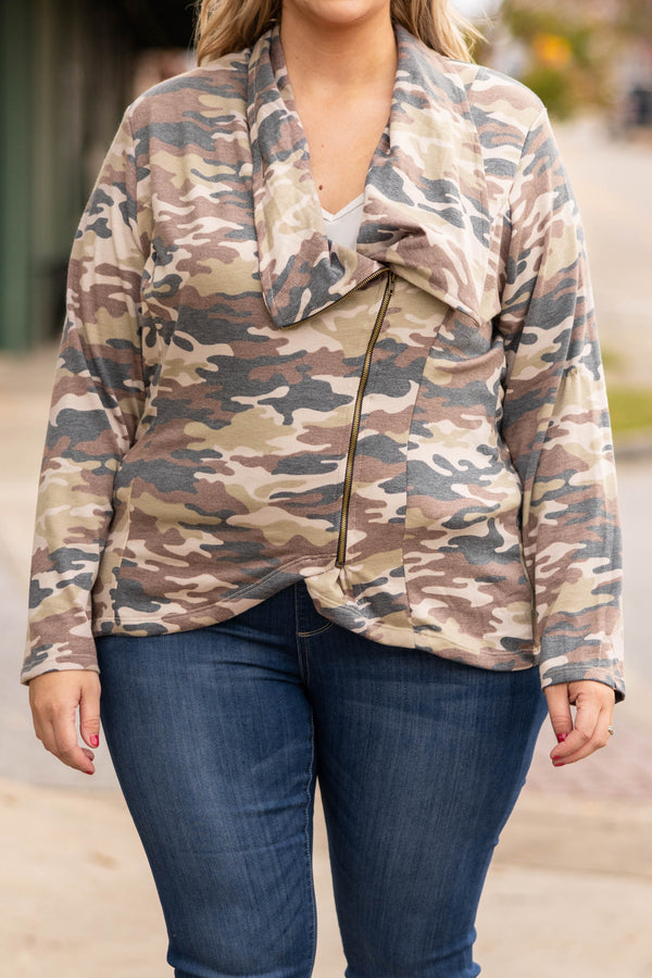 Chic Soul plus size clothing, camo zip up jacket
