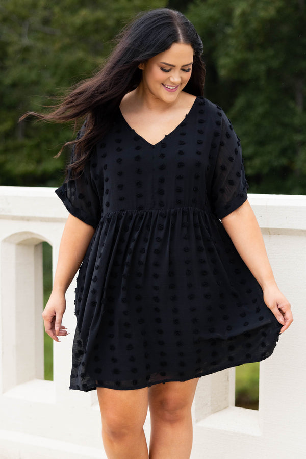 Chic Soul plus size clothing, black swiss dot style short sleeve dress