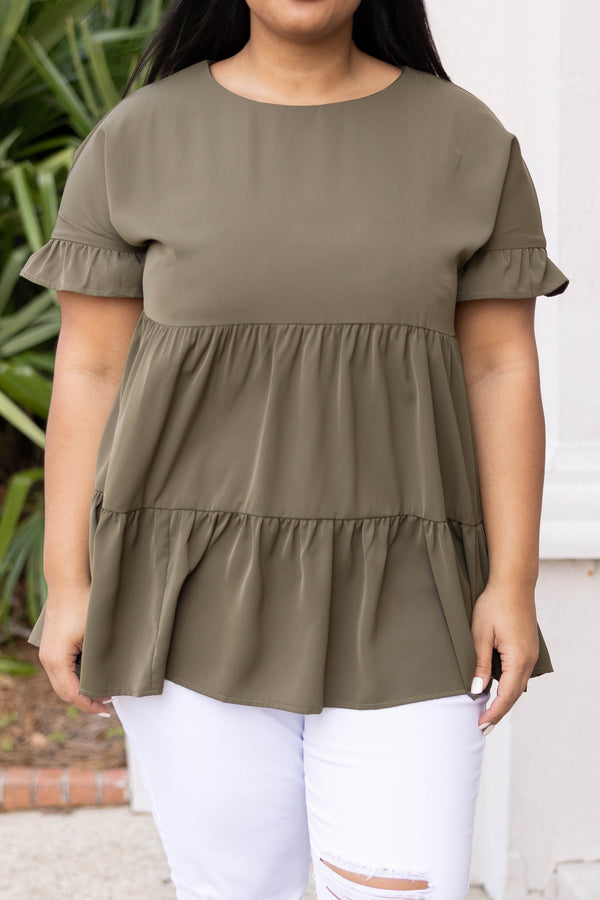Chic Soul plus size clothing, olive tiered style top with ruffle sleeves and hemline