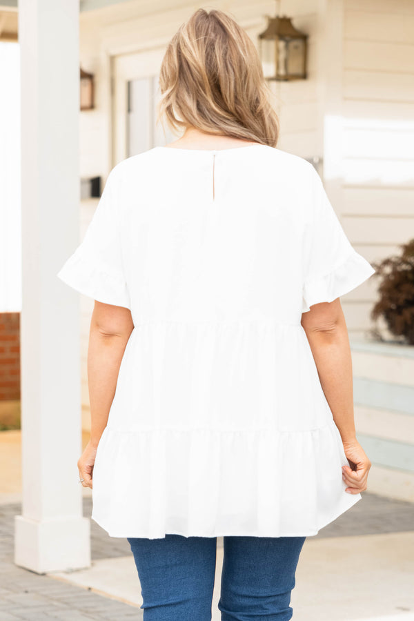Chic Soul plus size clothing, white tiered top with ruffle sleeves
