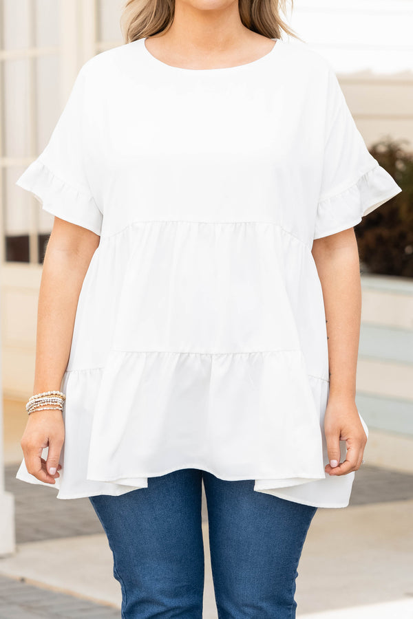Chic Soul plus size clothing, white tiered top with ruffle sleeves
