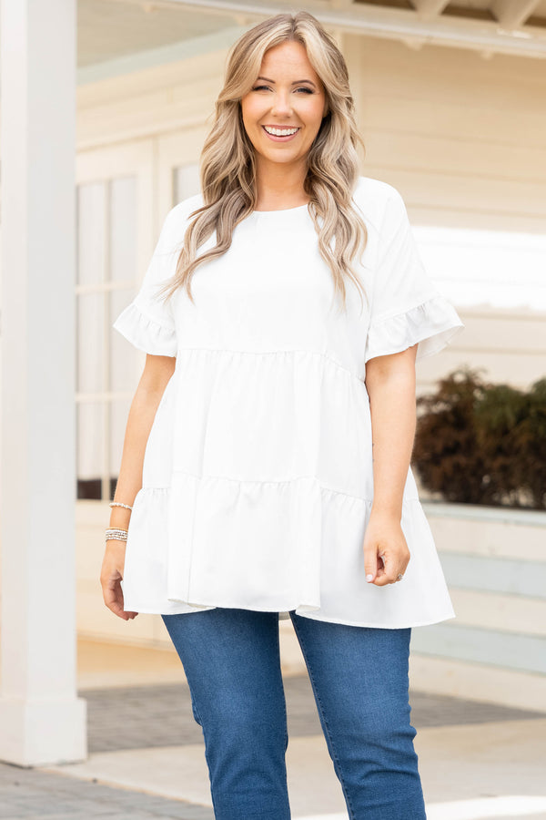 Chic Soul plus size clothing, white tiered top with ruffle sleeves