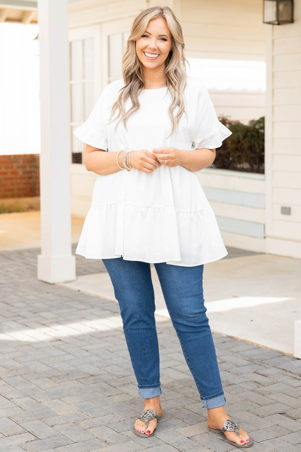 Chic Soul plus size clothing, white tiered top with ruffle sleeves