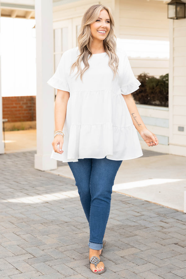 Chic Soul plus size clothing, white tiered top with ruffle sleeves