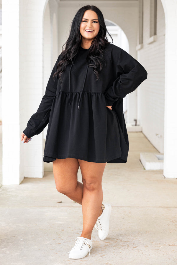 Chic Soul plus size clothing, black babydoll style hoodie dress