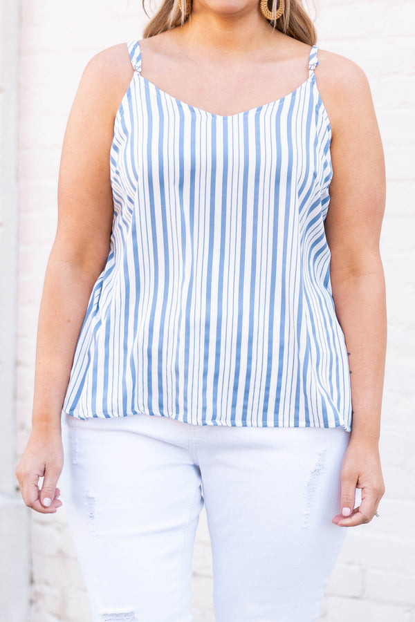 Chic Soul plus size clothing, denim blue and white striped tank top
