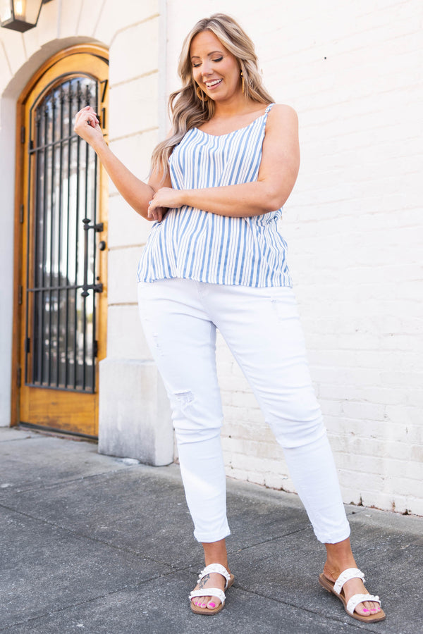 Chic Soul plus size clothing, denim blue and white striped tank top