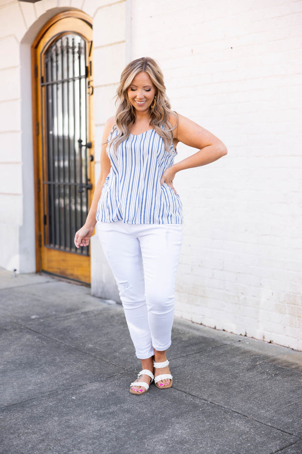 Chic Soul plus size clothing, denim blue and white striped tank top