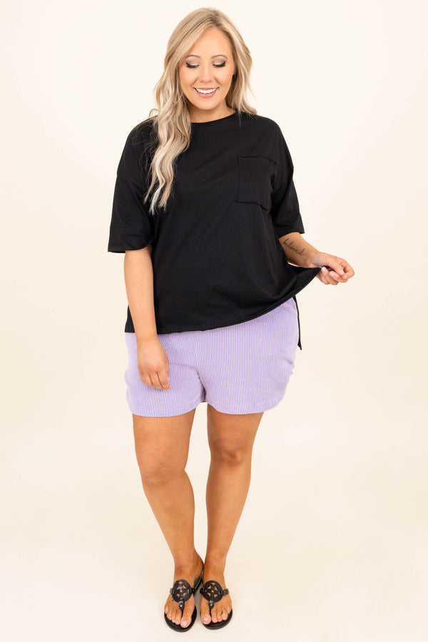 Chic Soul plus size clothing, lavender pinstripe pocketed casual shorts