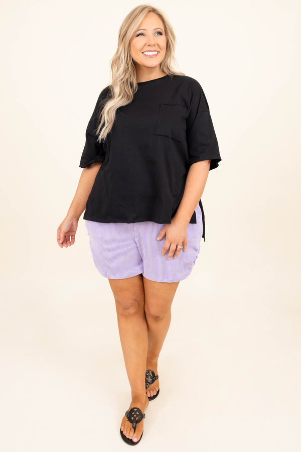 Chic Soul plus size clothing, lavender pinstripe pocketed casual shorts