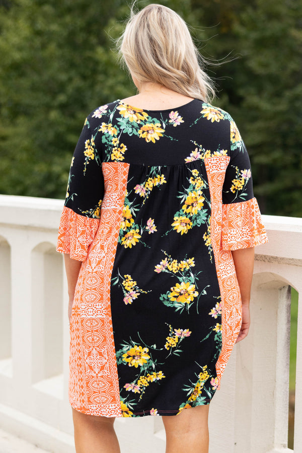 Chic Soul plus size clothing, black-orange multi floral half length sleeve dress