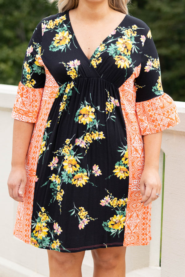 Chic Soul plus size clothing, black-orange multi floral half length sleeve dress