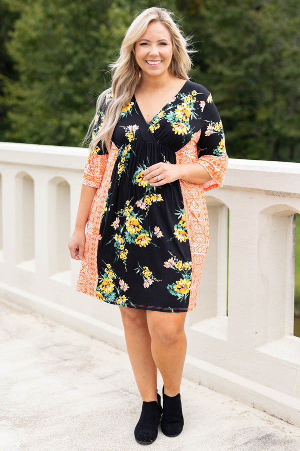 Chic Soul plus size clothing, black-orange multi floral half length sleeve dress