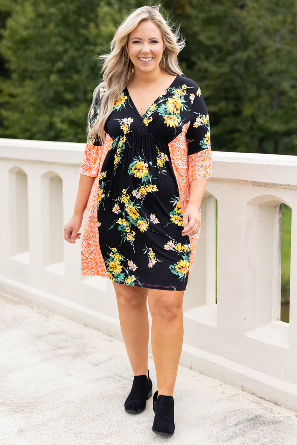 Chic Soul plus size clothing, black-orange multi floral half length sleeve dress