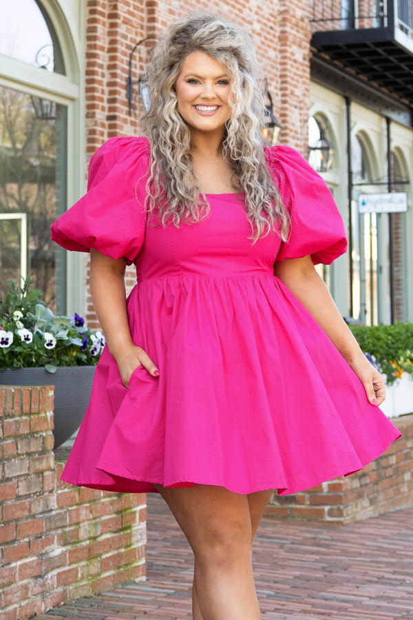 Chic Soul plus size clothing, fuchsia babydoll style puffy dress with puff sleeves