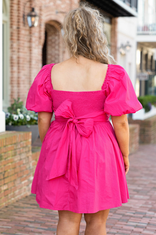 Chic Soul plus size clothing, fuchsia babydoll style puffy dress with puff sleeves