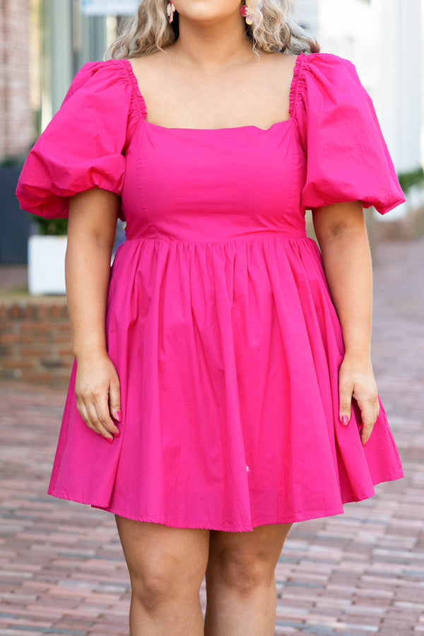 Chic Soul plus size clothing, fuchsia babydoll style puffy dress with puff sleeves
