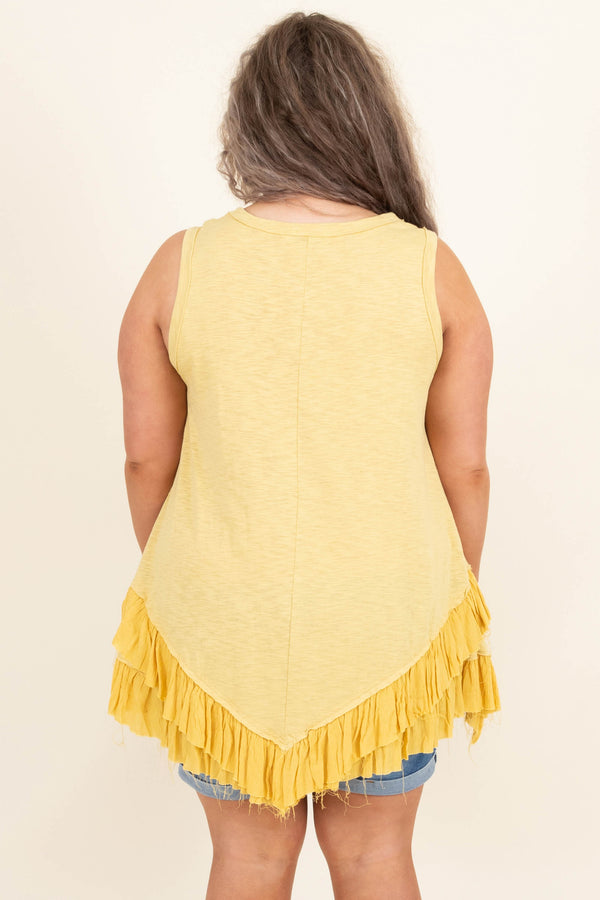 Chic Soul plus size clothing, yellow solid tank style sleeve ruffle bottom shirt