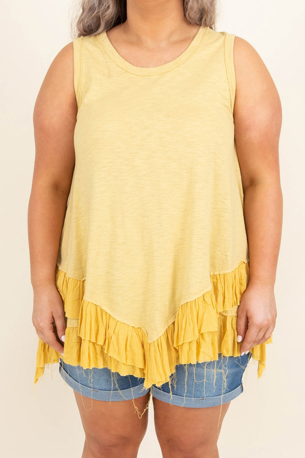 Chic Soul plus size clothing, yellow solid tank style sleeve ruffle bottom shirt