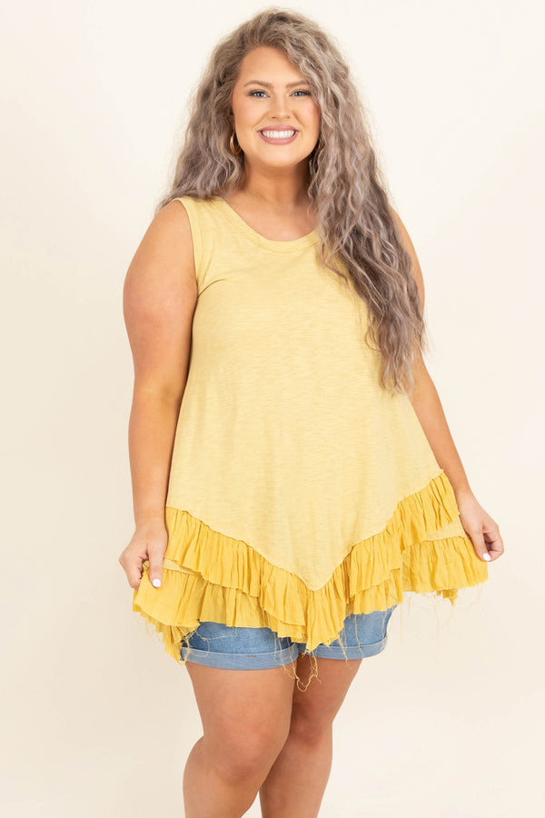 Chic Soul plus size clothing, yellow solid tank style sleeve ruffle bottom shirt